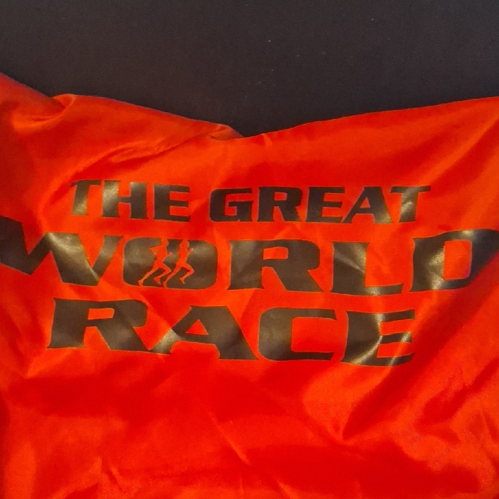 Bright Red Graphic String Backpack with Black Lettering Great World Race
